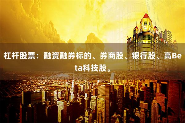 杠杆股票：融资融券标的、券商股、银行股、高Beta科技股。